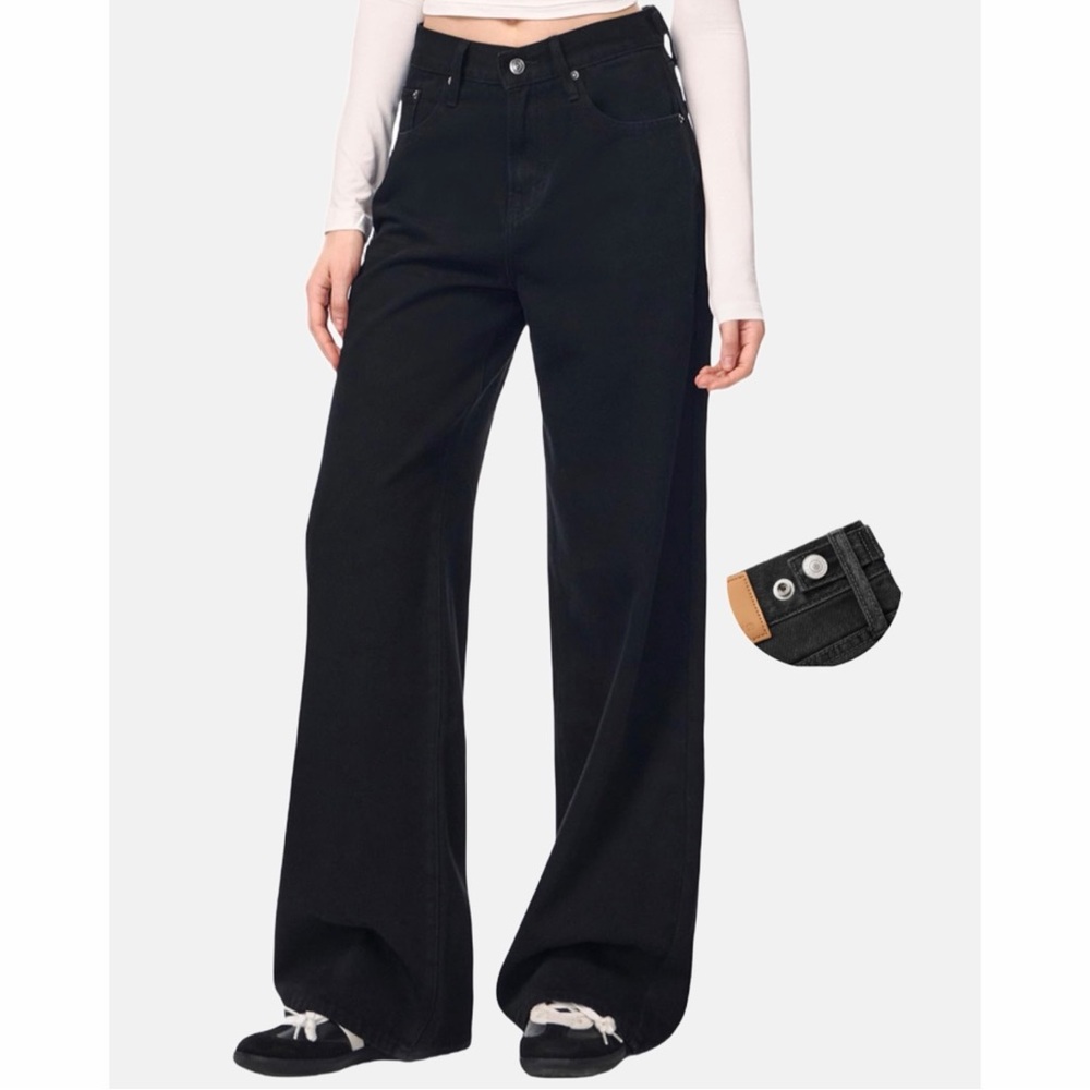 Adjustable Waist Black Jeans Women's 30 Baggy Wide‎ Leg Y2K Indie Sleaze Denim